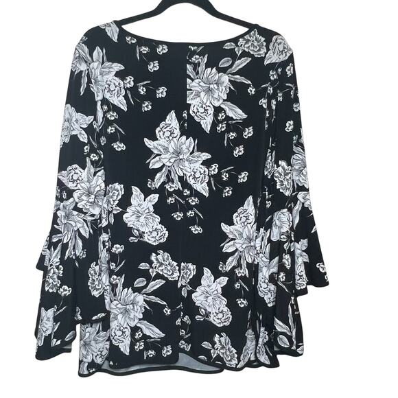 MSK Women Plus 2X Black White Floral Top Bell Sleeve Blouse Top Flowy Stretchy - Picture 5 of 10